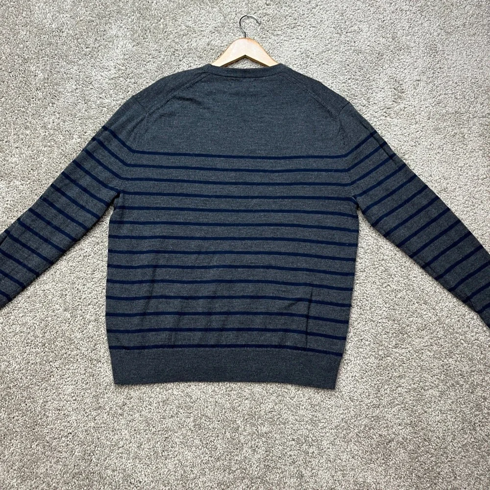 Banana Republic Sweater Men Large Gray Navy Blue Long Sleeve Striped Merino Wool